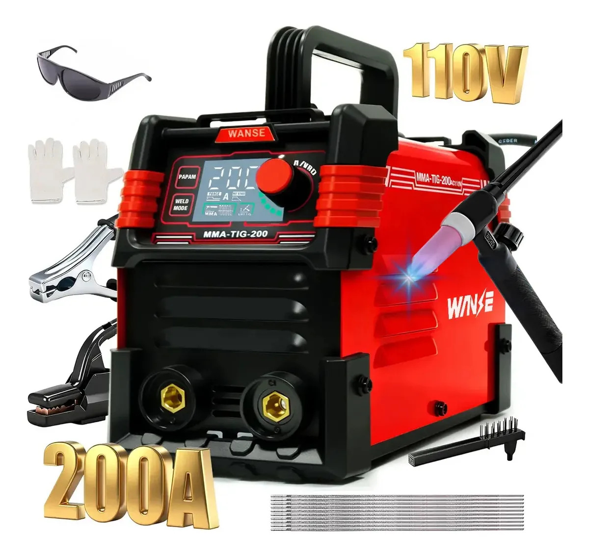 Soldador Inversor Mma+tig De 200 Amperios Con Pantalla Led Ligera Con Anti-adhesión Wanse