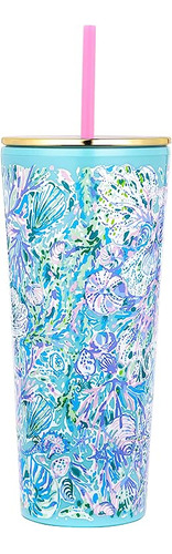 Lilly Pulitzer Vaso Doble Pared Con Tapa Y Popote Reutilizab