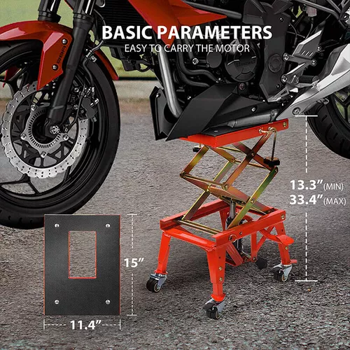 Mesa elevadora hidráulica para motocicleta, capacidad de 350 libras,  elevador de gato de tijera para motocicleta con cubierta ancha, ganchos en  J, 4