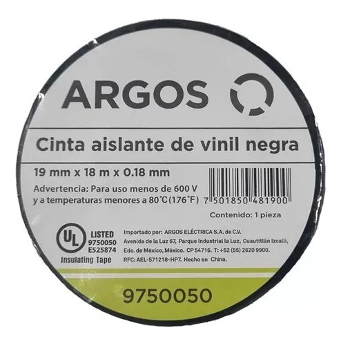 5 Pz Cinta Eléctrica Aislante De Vinil Negra Argos 18 Mts