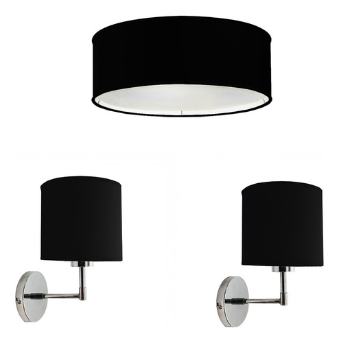 Combo Moderno Plafón 2l Negro + 2 Apliques Cromo Negro