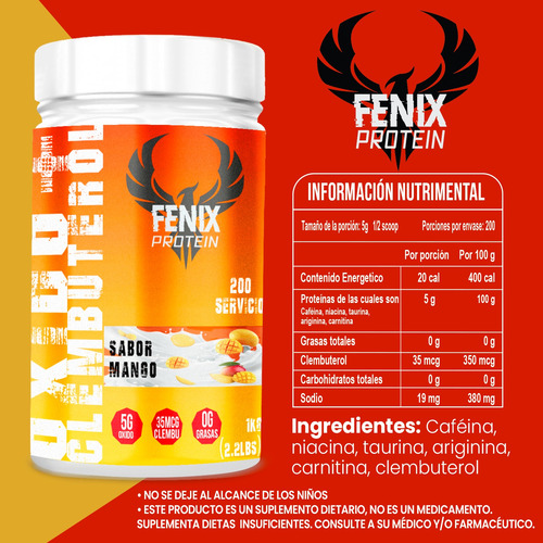 Fenix Protein Óxido + Clenbu 200 Servicios 1 Kg Pre Entreno Mango