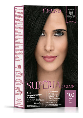 Kit Tintura Amend  Supéria color Coloraçã creme tom 100 preto para cabelo