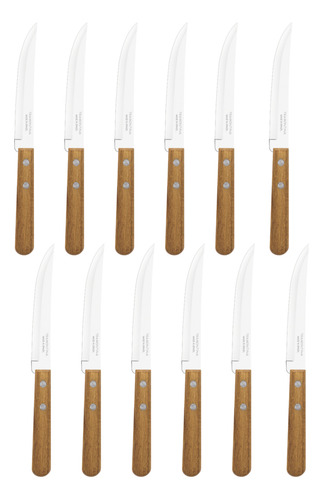 Juego de Cuchillos para Asado Tramontina Dynamic con Lámina de Acero Inoxidable con hilo Liso y Mangos de Madera Natural 12 Piezas