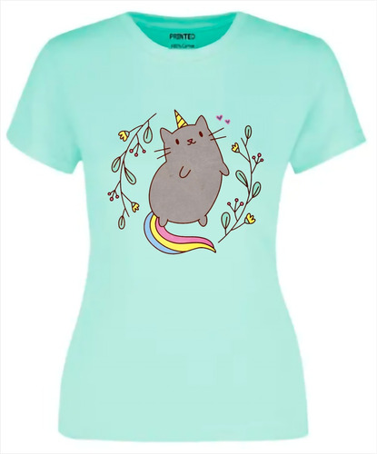 Polera Dama - Diseño Gato Unicornio Estampado Dtf Cod 001