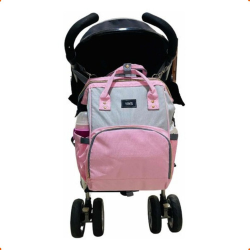 Mochila Bolsa Maternidade Térmica Impermeável Com Trocador Cor Rosa Desenho do tecido Cinza e Rosa