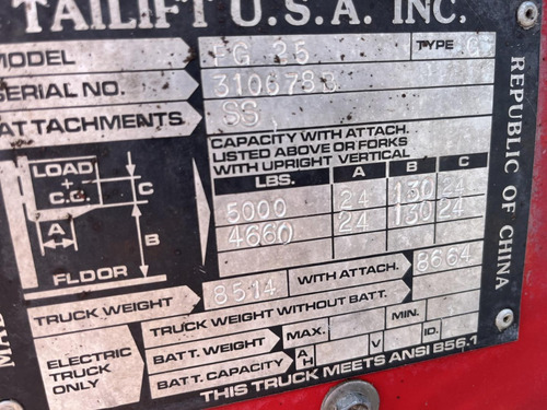 Montacargas Taillift Mod Fg25p Cap 5000 Lbs Folio 17040