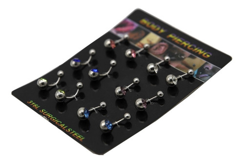 Piercing no umbigo de banana, 1 joia, 1,6 x 10 x 5/8, cores variadas, 12 unidades de mistura de cores