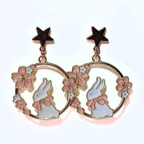 Aros Kawaii Conejo Con Flor Cerezo Rosa Pastel