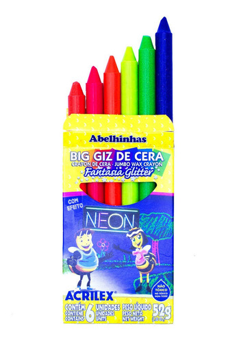 Crayones De Cera Glitter Neón Acrilex 6 Colores Jumbo