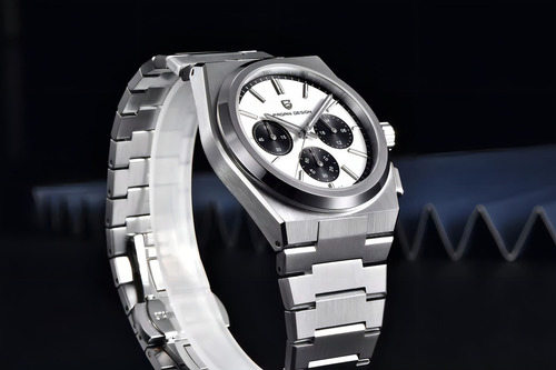 Reloj automático Pd 1761, cronógrafo Pd Prx, correa plateada, bisel plateado, fondo blanco