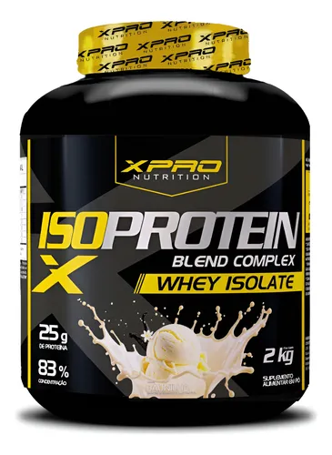 Embalagem frontal do Whey Protein Isolado Blend Complex da Xpro Nutrition, 2kg, com 25g de proteína por porção, sabor baunilha ilustrado com sorvete e splash de leite.