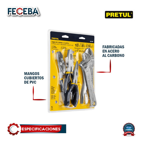 Juego De 4 Pinzas Y 1 Llave Ajustable Mango De Vinil 22971