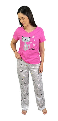 Pijama Dama Algodón Pantalón Manga Corta Gatos