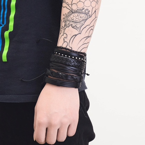 Conjunto Pulsera Brazalete Hombre Moda Cuero 5 En 1 Puntos