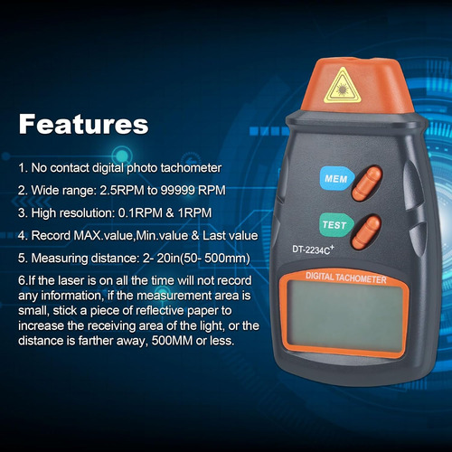 Tachimetro Láser Digital Para Medir Rpm De 2,5 A 99999rpm