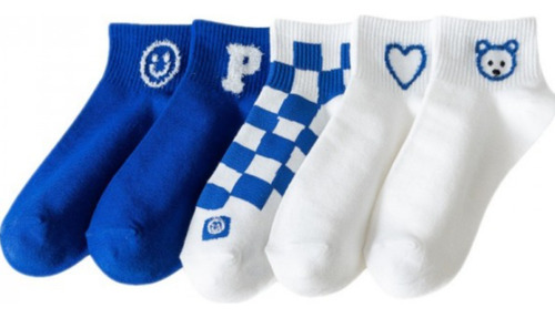 30 Pares Tobilleros Tines Para Mujer Suaves Y Comodos Kawaii Azul Y Blanco Dibujos Único