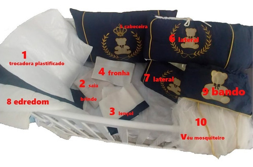 Kit Protetor Berço Americano Menino Azul Marinho Urso 10 Pc