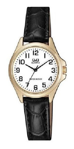 Reloj De Dama Q&q Caja Dorada, Carátula Blanca, Números. Correa Negro Bisel Dorado Fondo Blanco