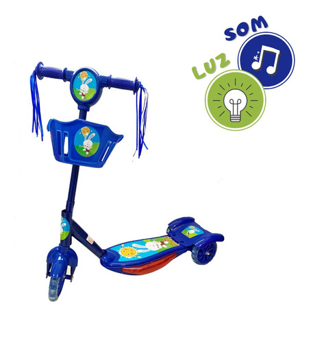 Patinete Infantil Menino Toca Musica Com Luz E Cestinha Azul