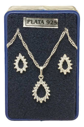 Cadena Con Dije De Gota Con Cubics Y Aros Iguales. Plata 925