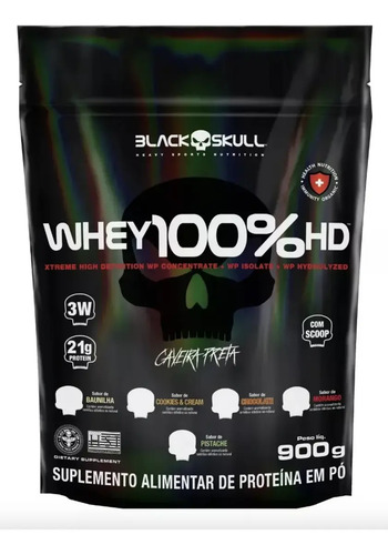 Whey 100% Hd Refil Black Skull - 900g (wpc, Wpi E Wph) Sabor Morango
