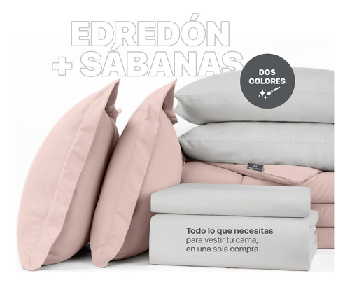 Set Edredón King Size + Fundas + Sábanas 7 Pzas Real Textil Rosa/gris