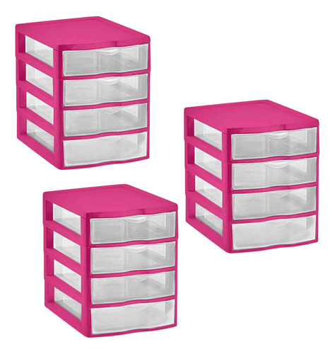 3 Gaveteiro Nitron C/4 Gavetas Multiuso Organizador De Mesa Cor Rosa