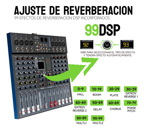 Mezclador Gochanmi Et8p Audio Consola Sonido Mixer 8 Canale 99 Dsp
