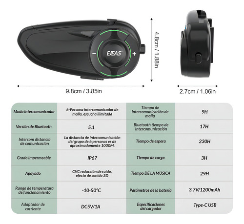 Ejeas Q8 Intercomunicador Moto Bluetooth 1200mts 6 Piloto Color Negro