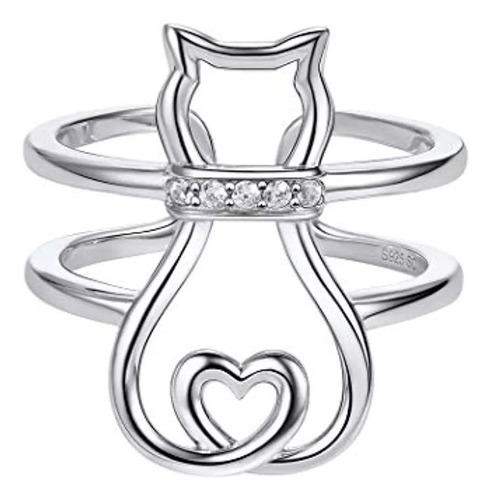 Anillo Ajustable De Plata 925 Con Diseño De Gato Para Mujer