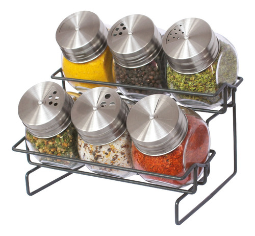 Rack Especiero De 6 Jarros Con Tapa De Acero Inoxidable Color Plateado