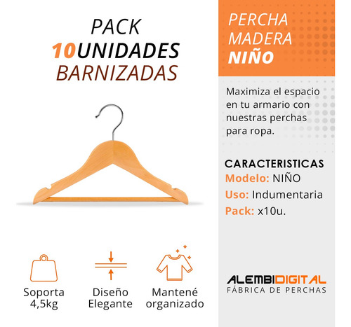 Imagen 3 de 7 de Perchas De Madera De Niño 32 Cm X 10 Unidades