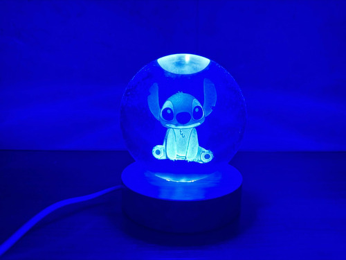 Luz De Noche Esfera De Cristal 3d Led Usb Escritorio 6cm Madera Stitch 2 Luz Azul