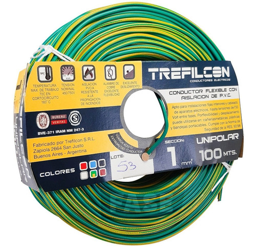 Rollo Cable Trefilcon Verde Amarillo 1mm Tierra Iram 100 Mts