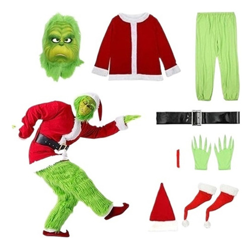 Disfraz De Navidad Grinch Traje De Lujo Hombre Verde 7 Pieza