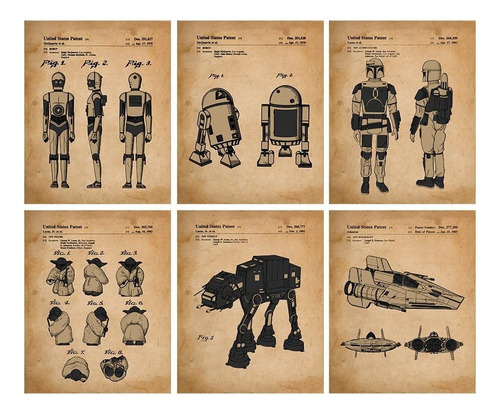 Vintage Star Droid Vessels & Robot Patent Prints - Set Of 6.