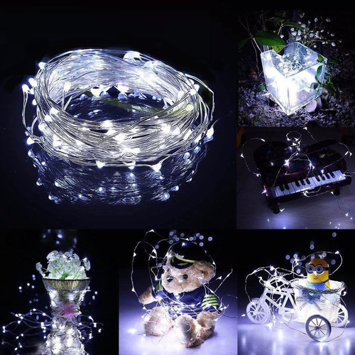 5 X Fio Fada Fita Led Prata Cobre 50 Leds Cordão Luz Led Quente 5m Pilha 5 Metros P/ Decoração Luzes Linda - Atacado Luz Branco Pilhas