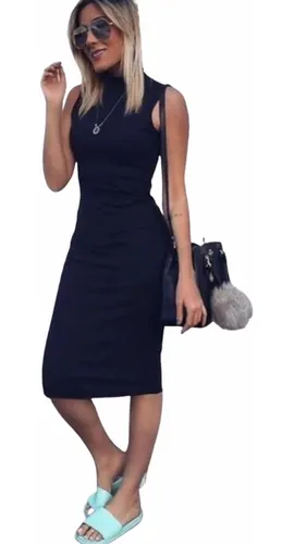 comprar Vestido Feminino Regata Cavada Tubinho Gola Alta Midi 2019