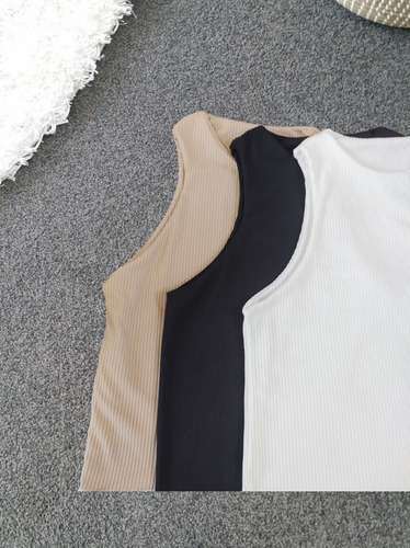 Pack 3 Tops Básicos Halter De Mujer Colores Neutro Tela Rib Blanco/negro/camel Rayas M