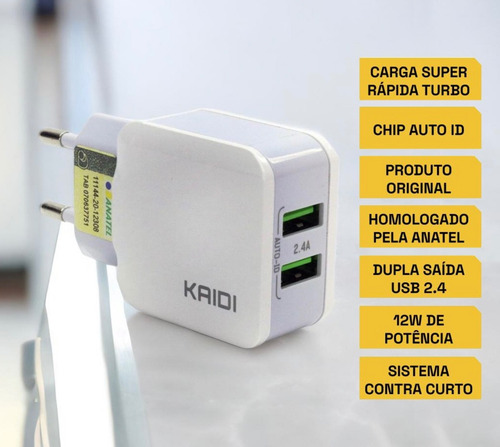 Carregador Turbo Celular Smartphone 2 Usb Cabo Usb Original Branco