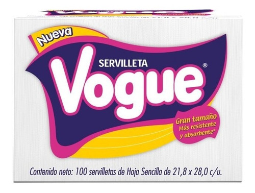 Paquete Chico De Servilletas Vogue® Blancas, 100 Unidades