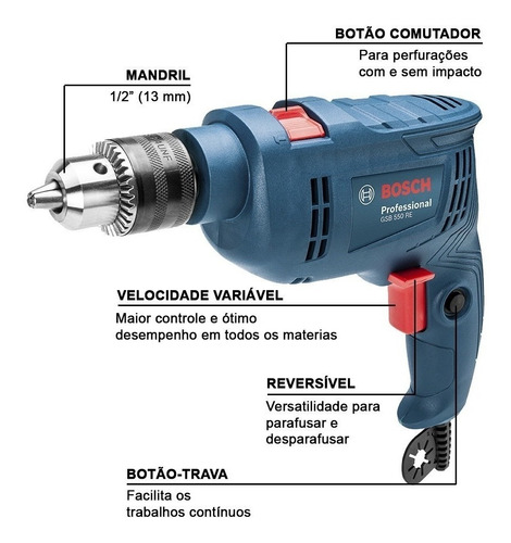 Imagem 4 de 4 de Furadeira De Impacto 1/2'' 550w 220v Gsb 550re Bosch