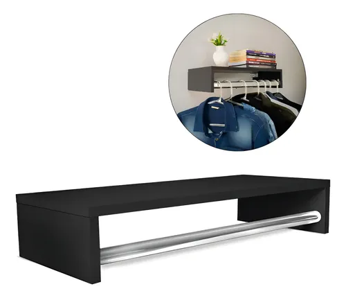 Cabideiro De Parede Arara Para Roupas Closet Aéreo Madeira Preto