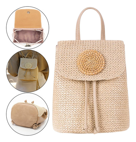 Mochila De Paja Moda Botón Magnético Natural Casual