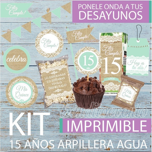 Kit Imprimible Desayuno Cumple 15 Años Arpillera Aguamarina