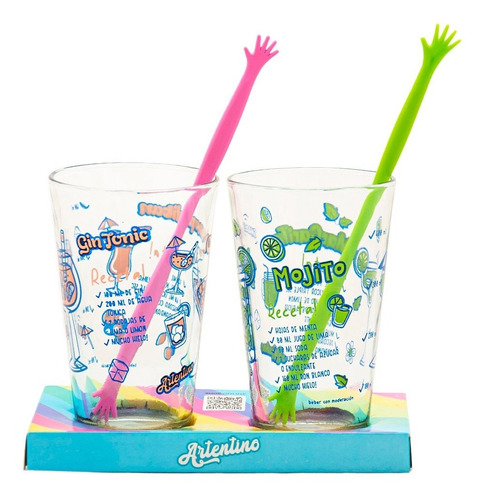 Imagen 5 de 9 de Set Regalo 2 Vaso Vidrio Diseño Manito Receta Trago Coctel