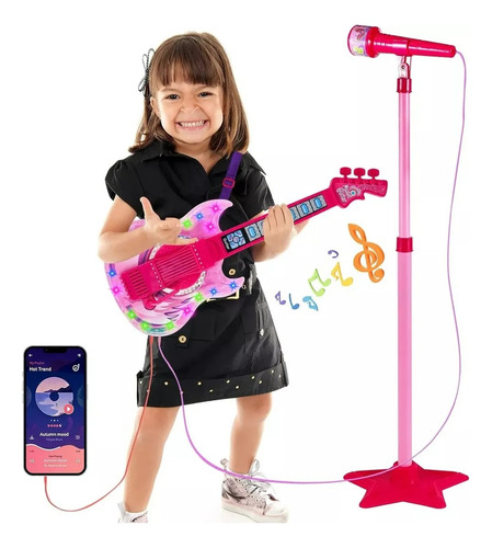 Guitarra Juguete Musical Con Micrófono Karaoke Para Niños Rosa