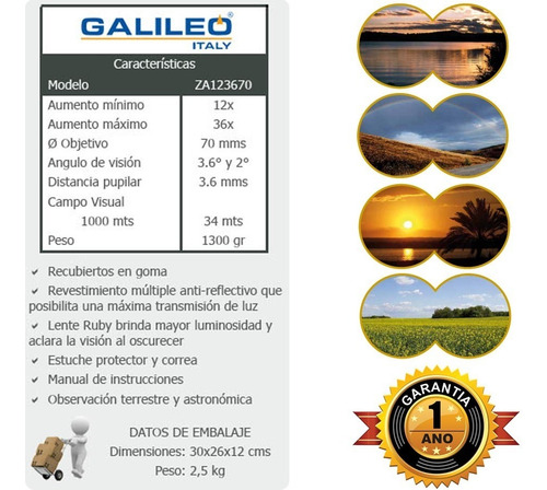 Imagen 4 de 10 de Binocular Galileo Zoom 12 36x Lente Ruby Aclara En Oscuridad