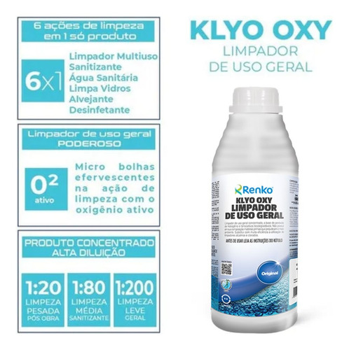 2 Klyo Oxy Renko 1l Limpador Uso Geral Peróxido Hidrogênio